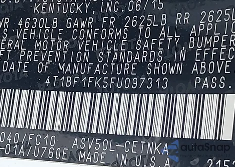 2015 Toyota Camry Le from USA, damaged, VIN 4T1BF1FK5FU097313